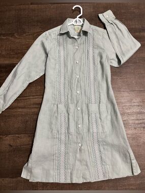 DOS CAROLINAS Olive Long Sleeve 100% Linen Guayabera Dress Unique NWOT Size S